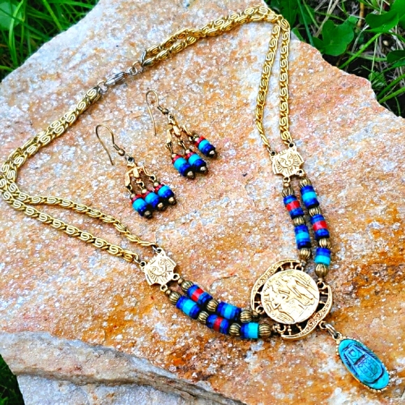Vtg Egyptian Revival Pharoah Phoenix Necklace Set - Picture 4 of 13